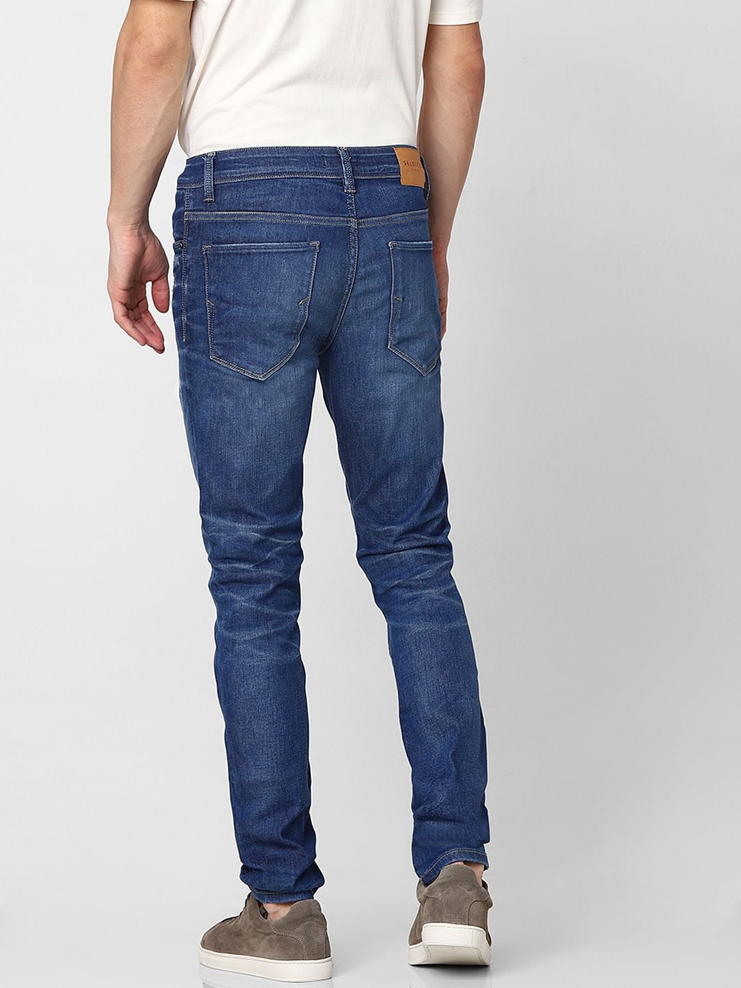 Blue Mid Rise Leon Slim Fit Ripped Jeans