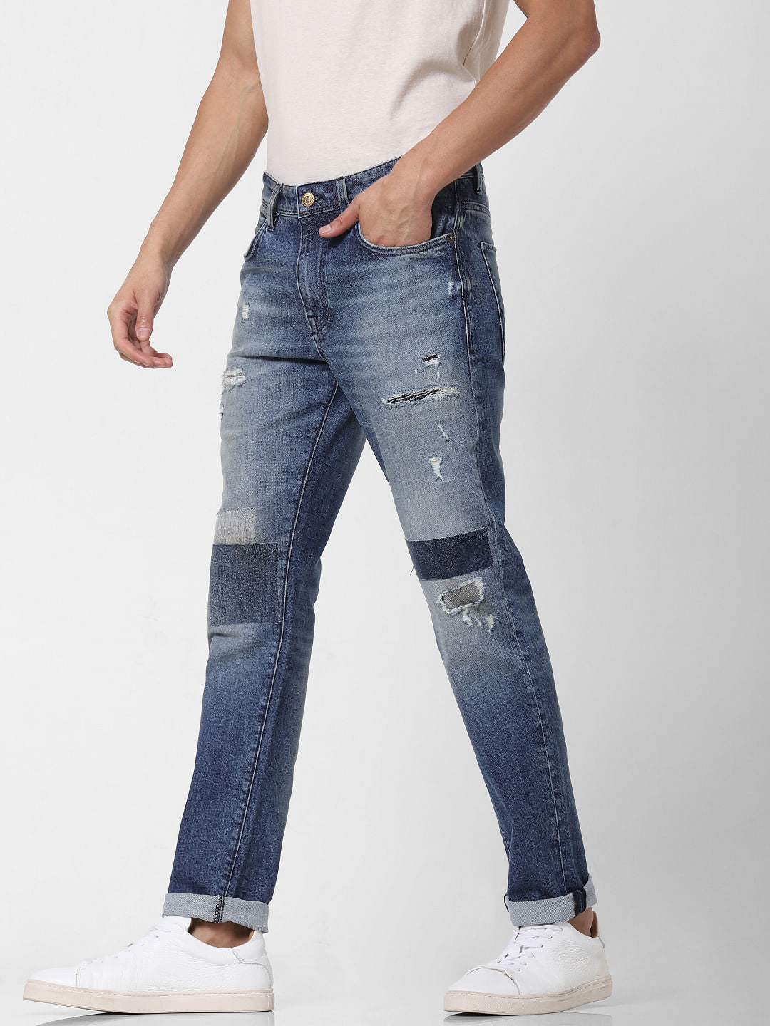 Blue Mid Rise Distressed Leon Slim Fit Jeans