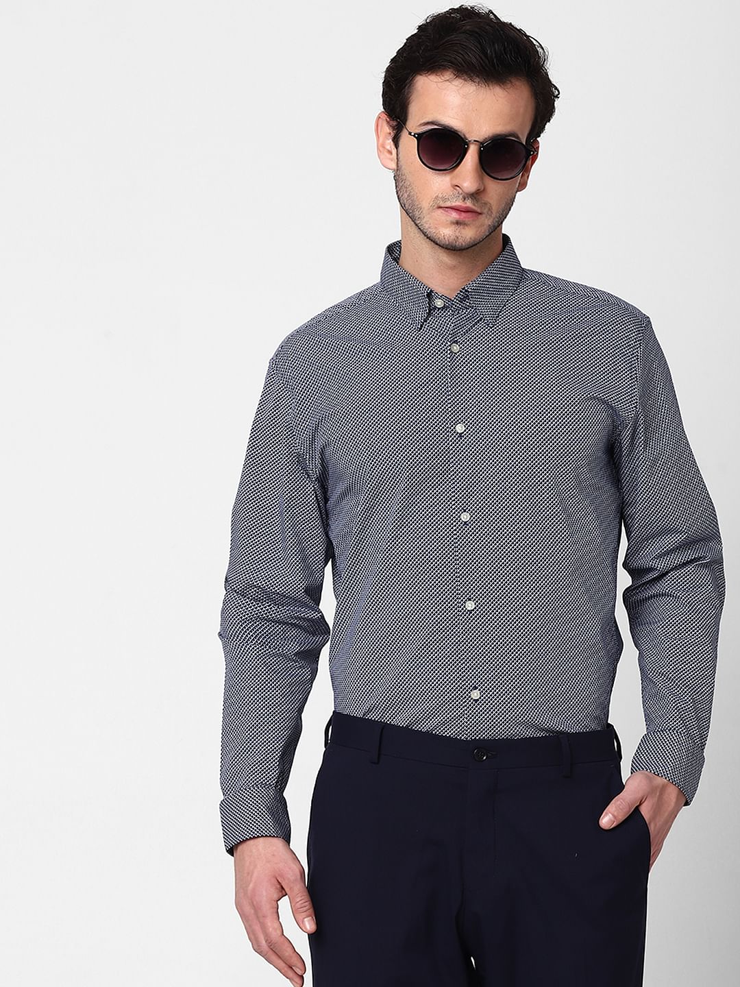 Blue Self Design Full Sleeves Shirt