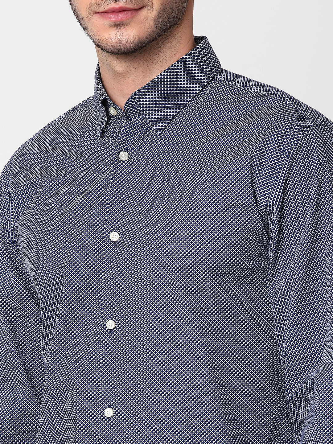 Blue Self Design Full Sleeves Shirt