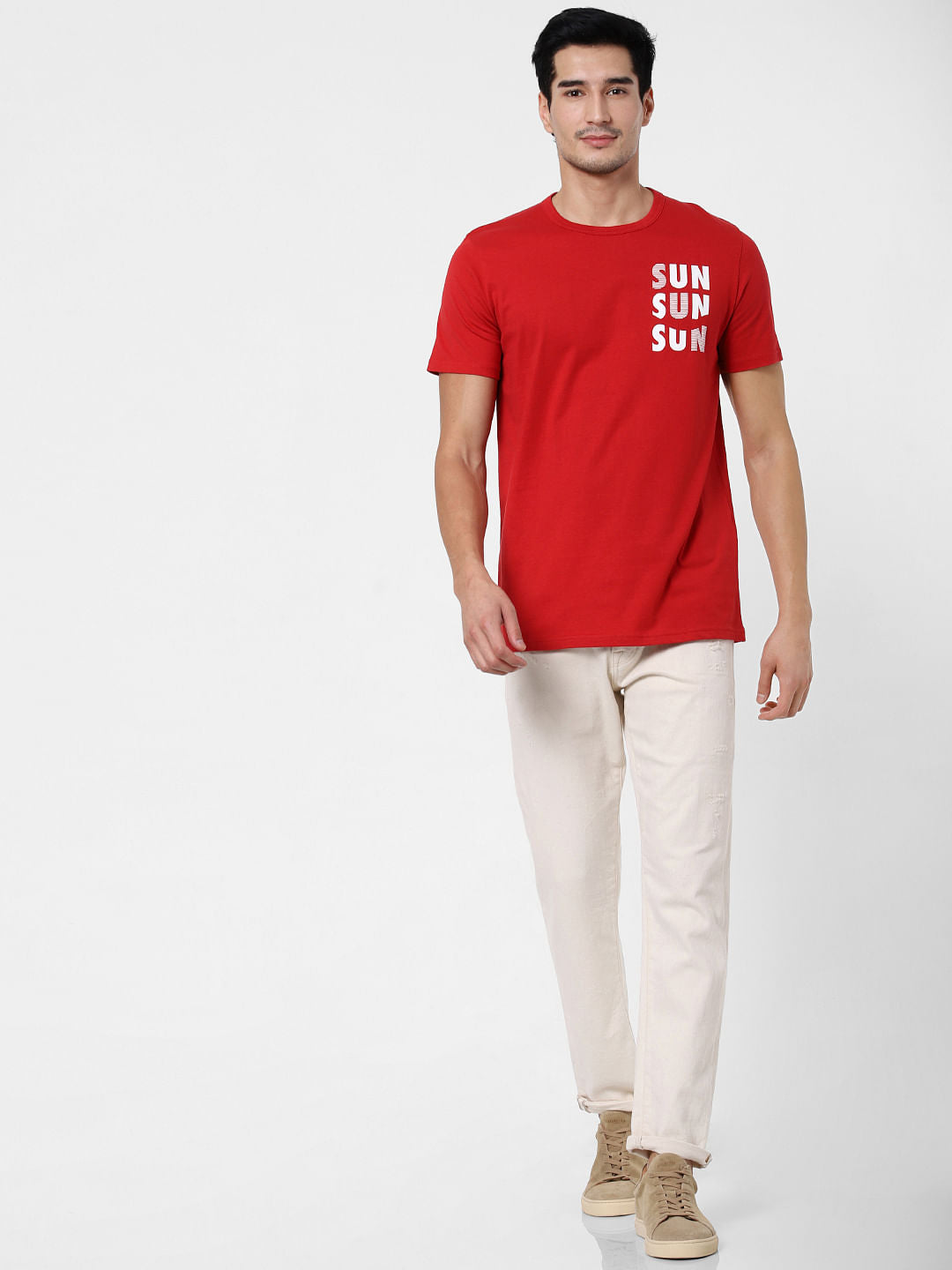 Red Text Print Crew Neck T-Shirt