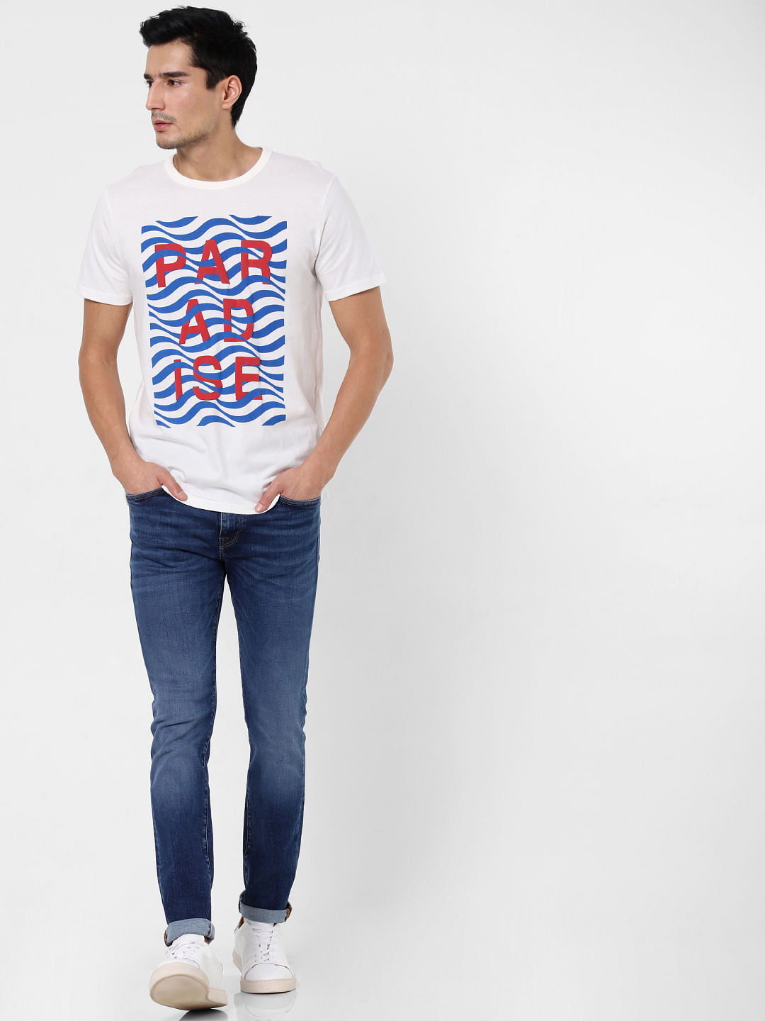 White Text Print Crew Neck T-Shirt