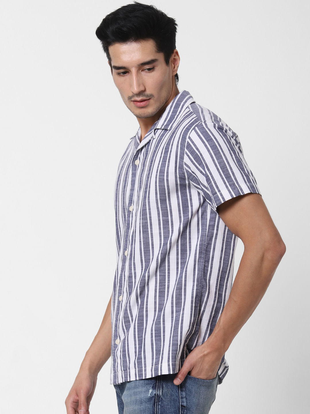 Blue Striped Short Sleeves Shirt