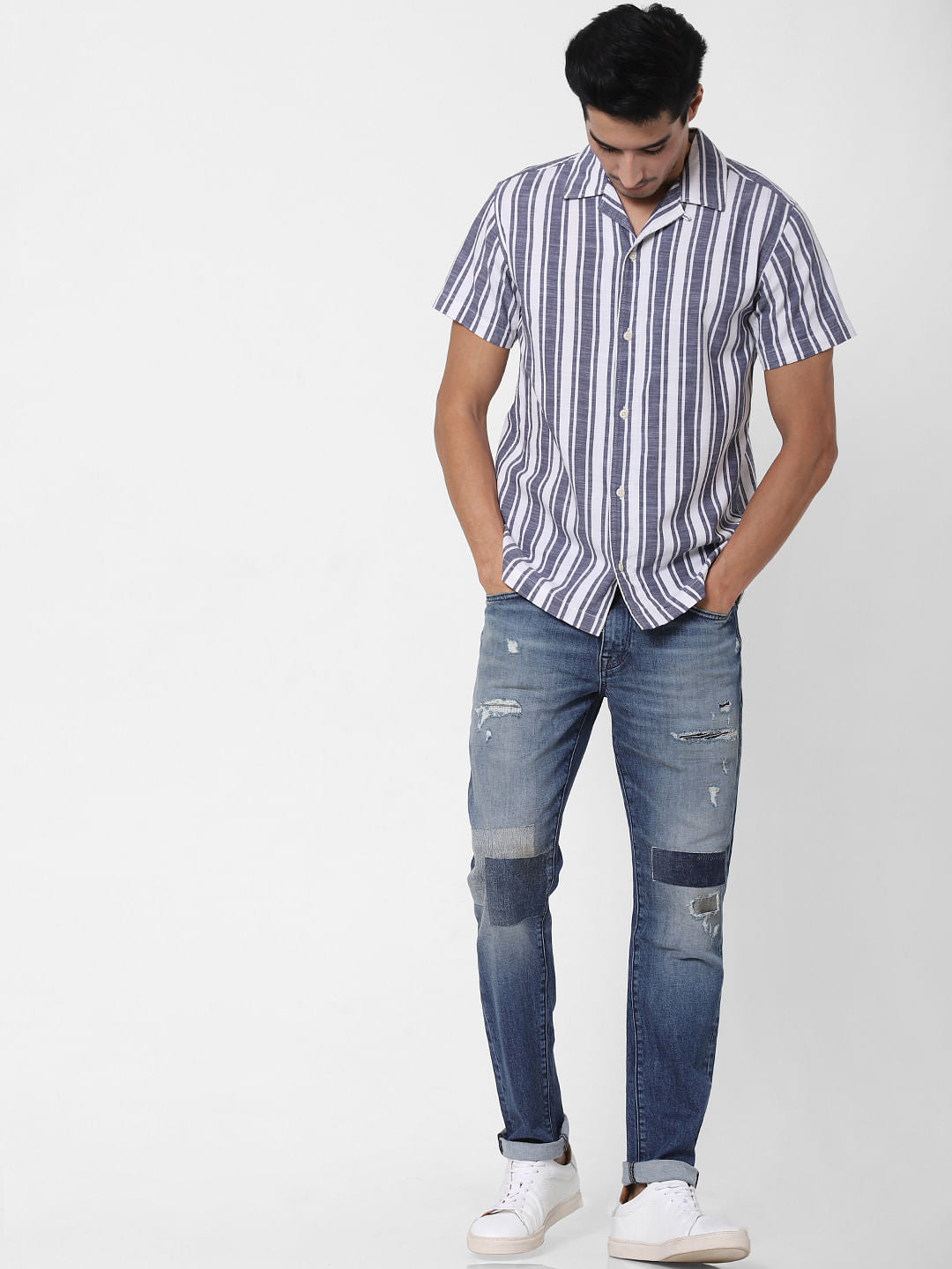 Blue Striped Short Sleeves Shirt
