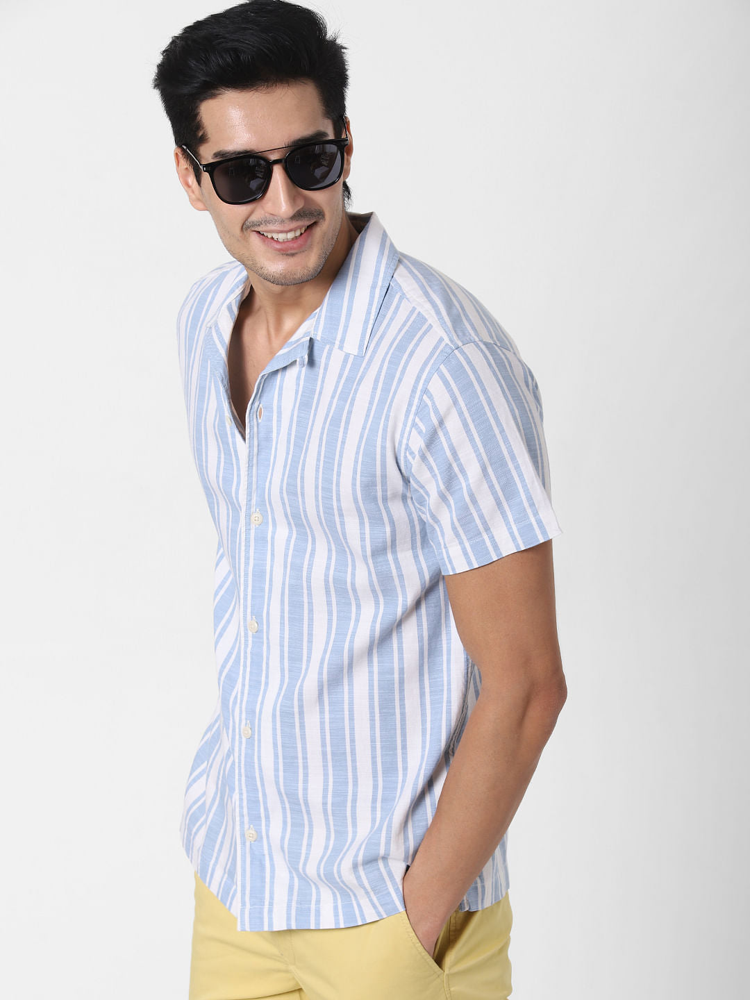 Light Blue Striped Short Sleeves Shirt
