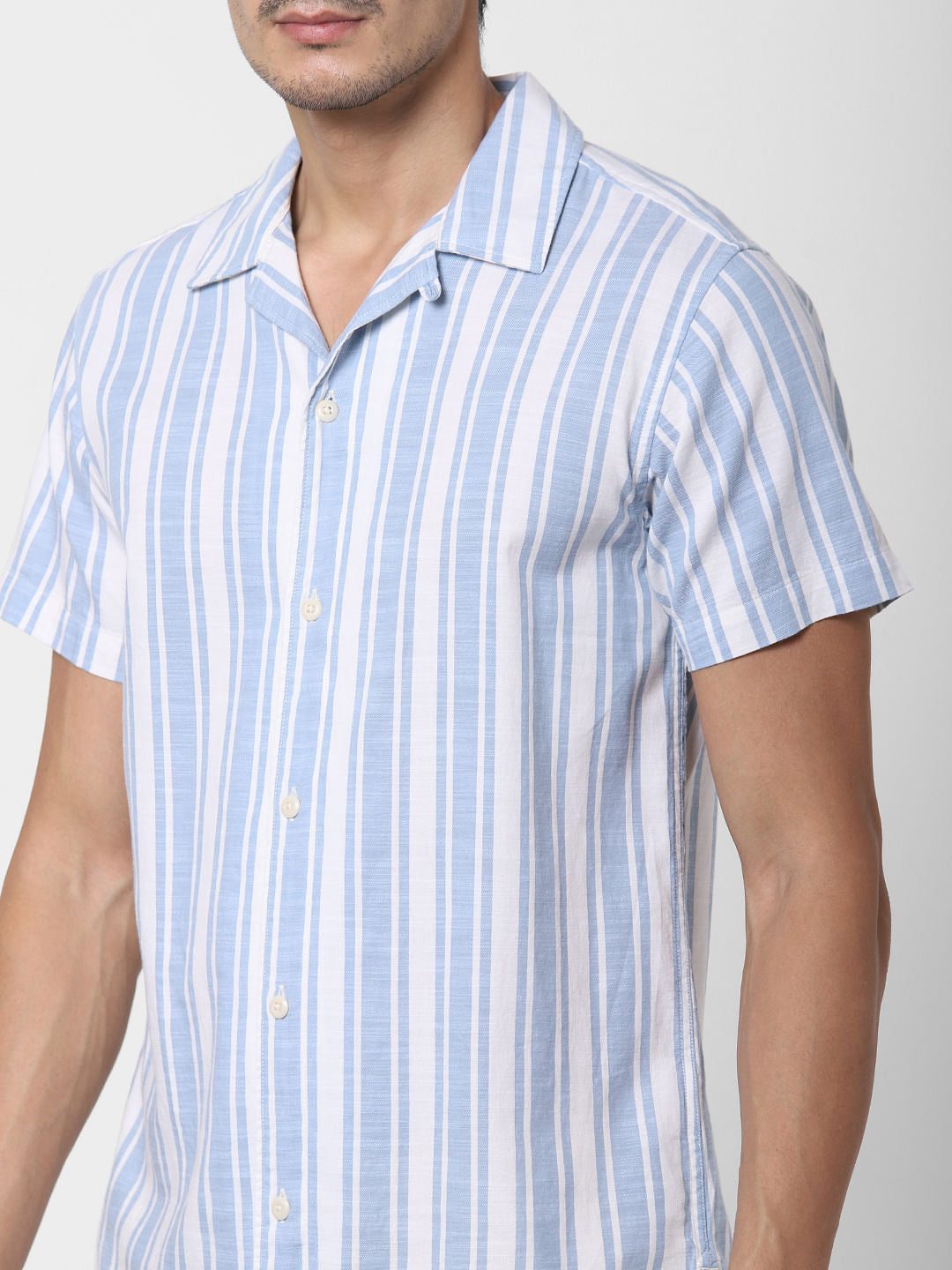 Light Blue Striped Short Sleeves Shirt