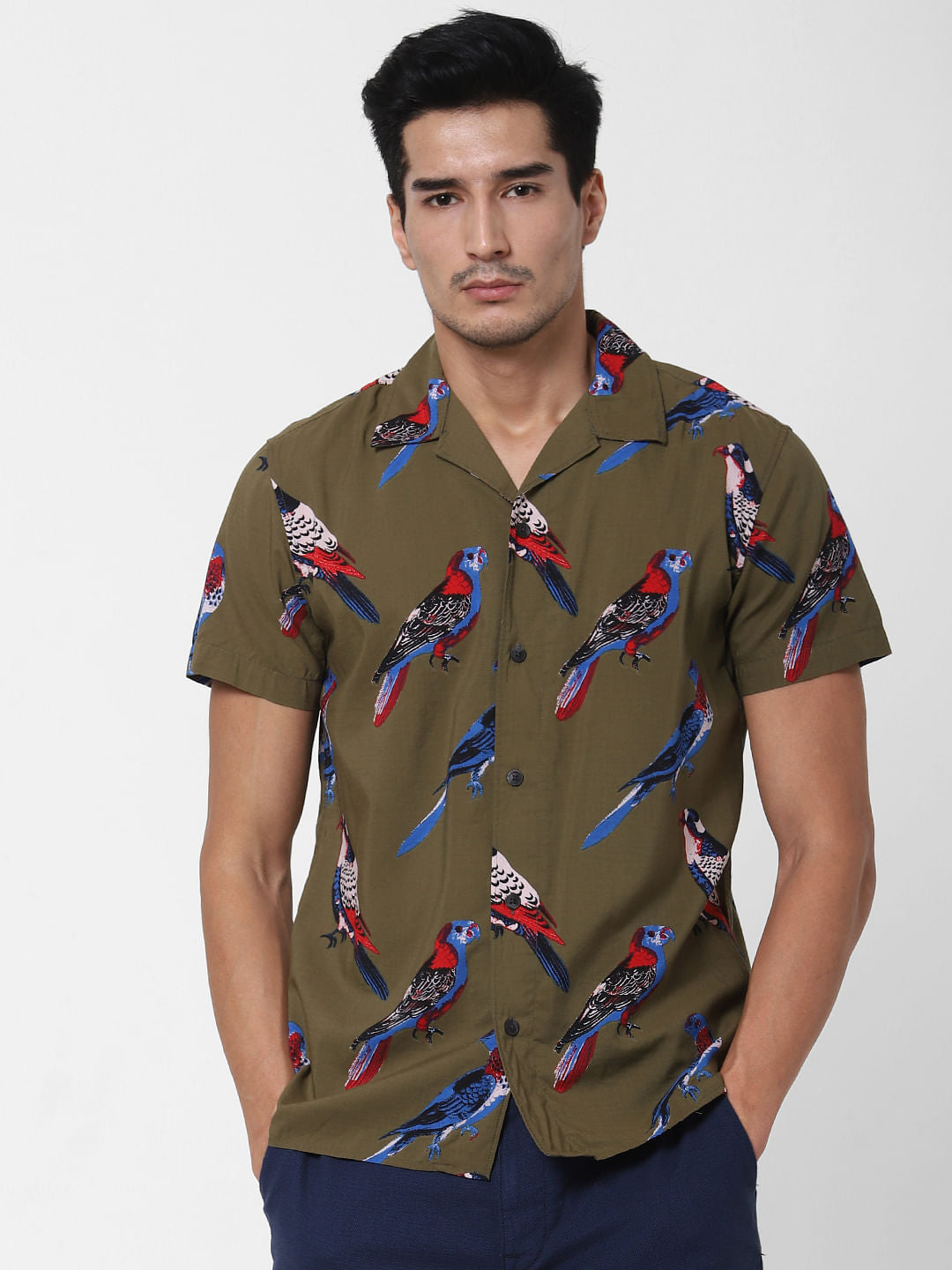 Olive Bird Print Short Sleeves Shirt
