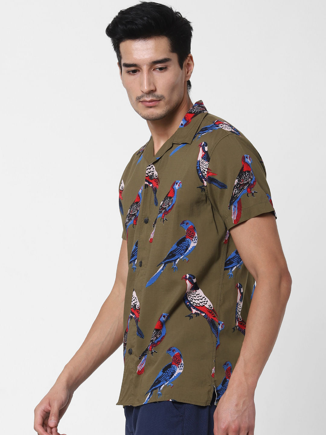 Olive Bird Print Short Sleeves Shirt