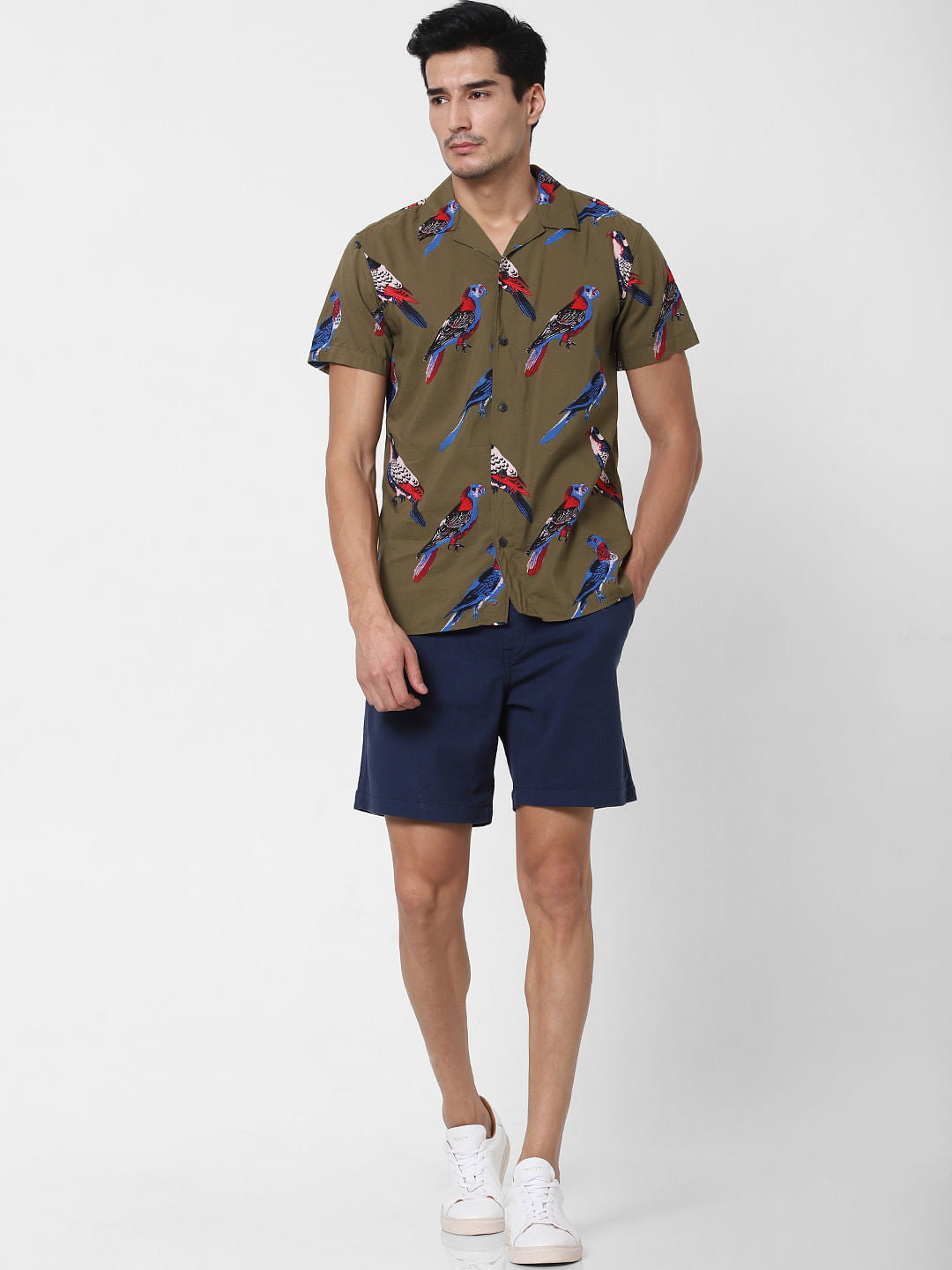 Olive Bird Print Short Sleeves Shirt