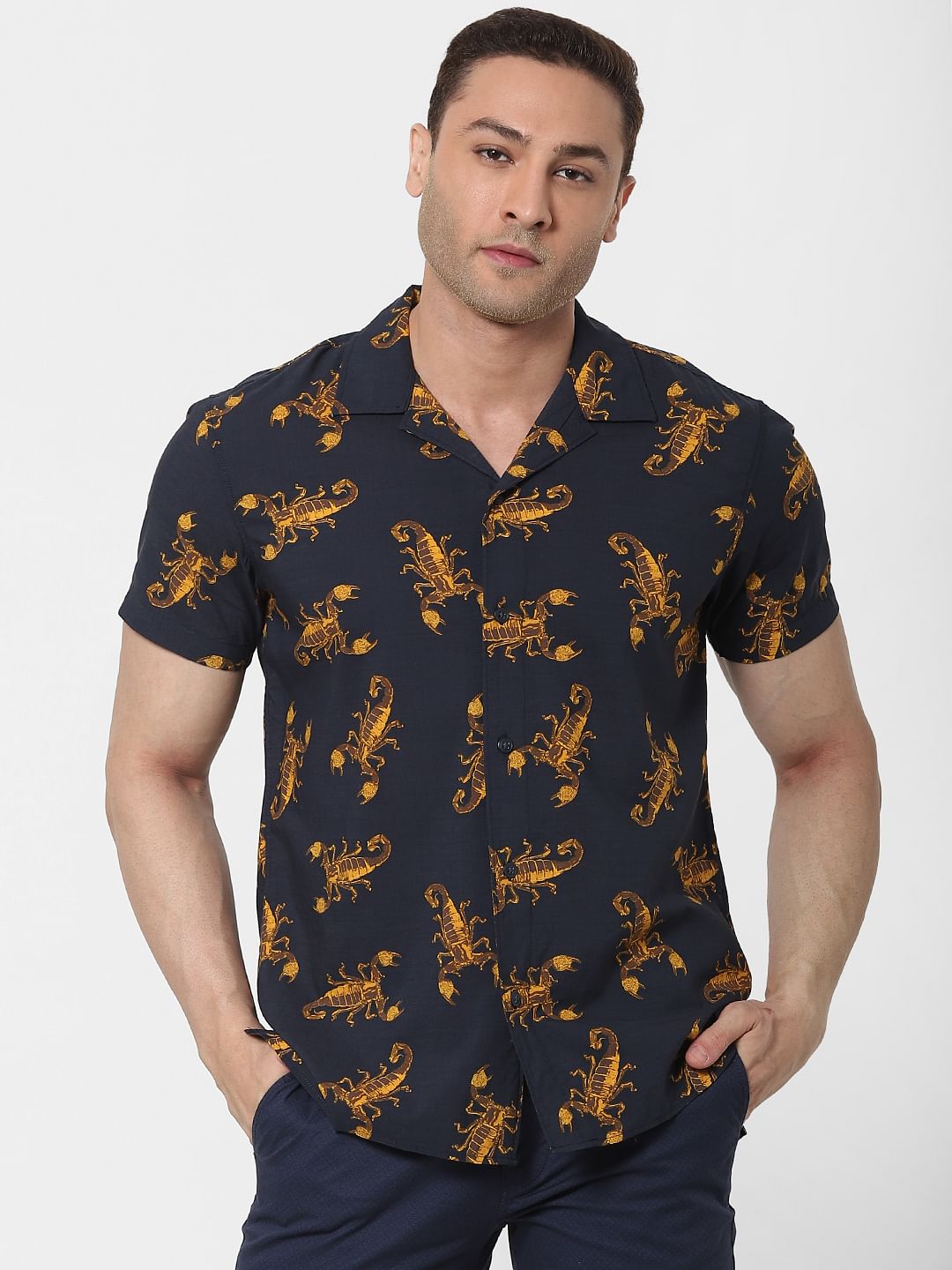 Navy Blue Scorpion Print Short Sleeves Shirt