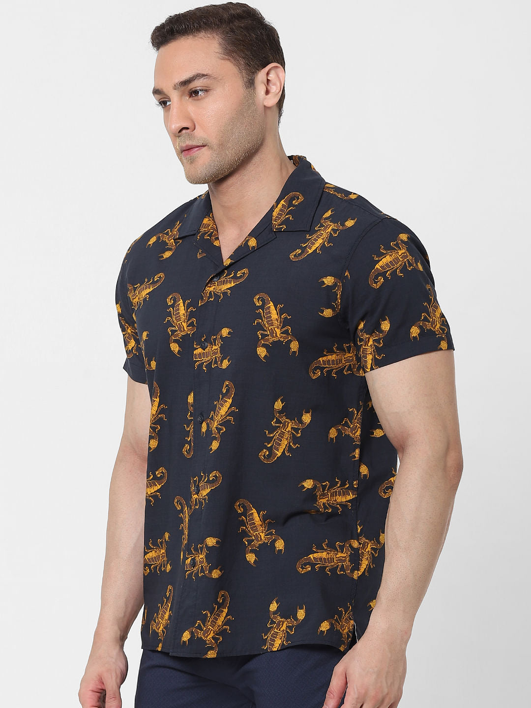 Navy Blue Scorpion Print Short Sleeves Shirt