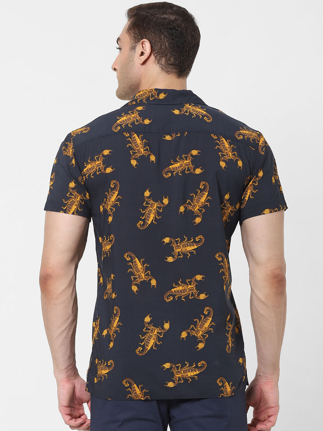 Navy Blue Scorpion Print Short Sleeves Shirt