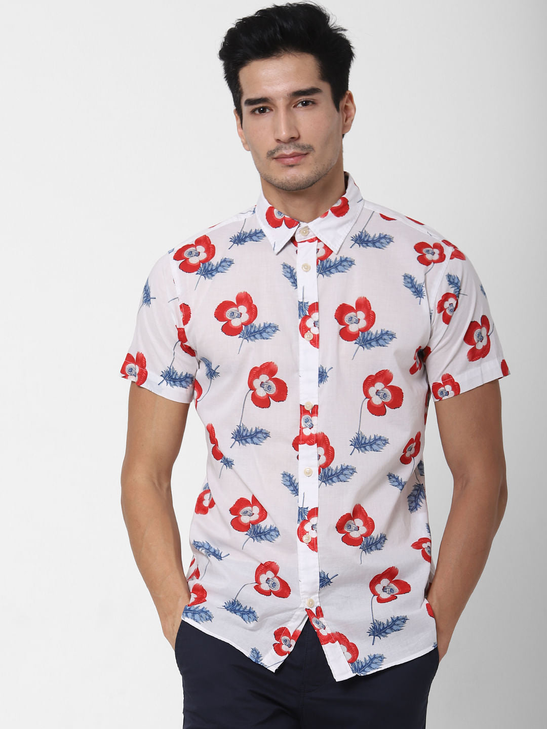 White Floral Print Short Sleeves Shirt
