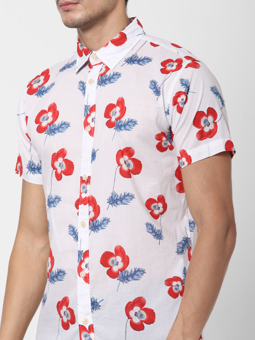 White Floral Print Short Sleeves Shirt