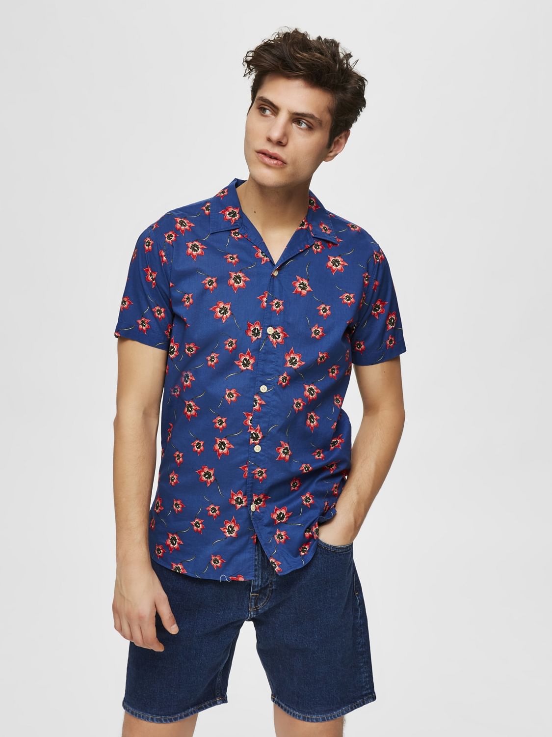 Blue Organic Cotton Half Sleeves Floral Shirt