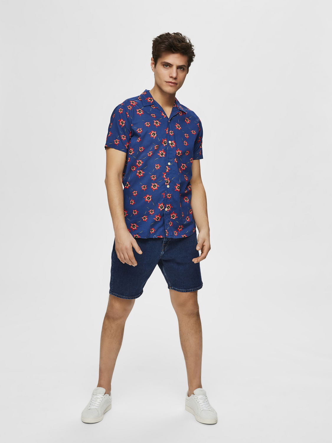 Blue Organic Cotton Half Sleeves Floral Shirt