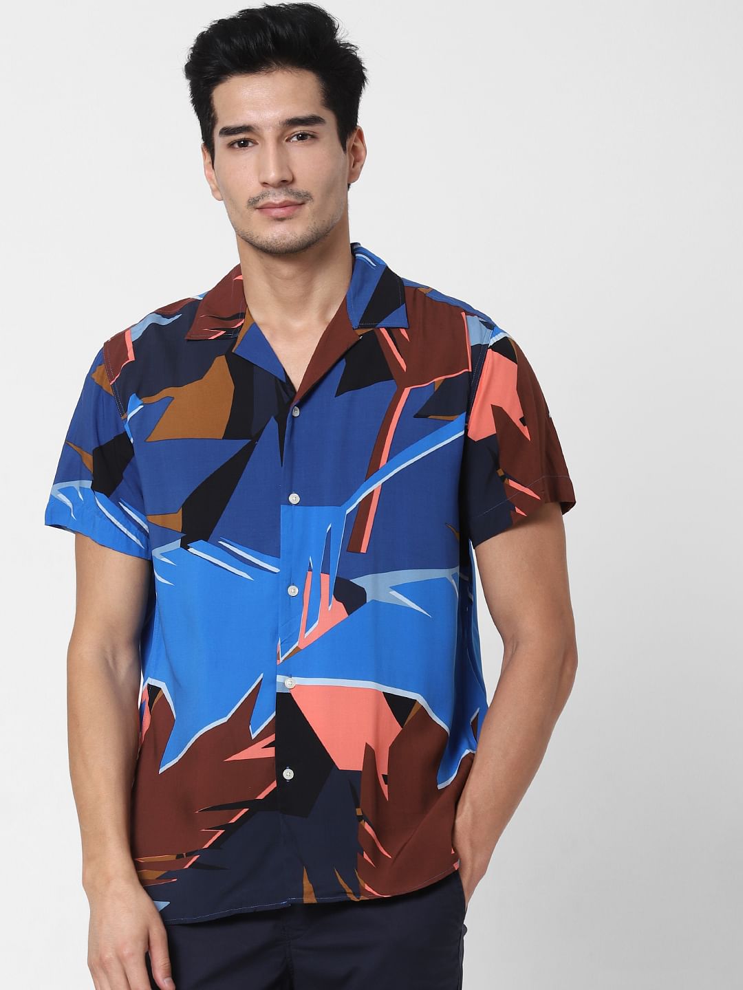 Blue Abstract Print Short Sleeves Shirt