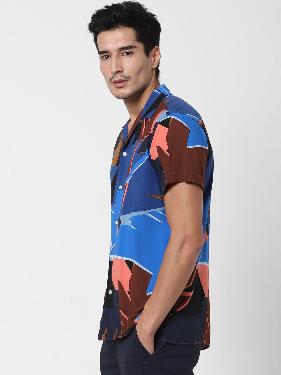 Blue Abstract Print Short Sleeves Shirt