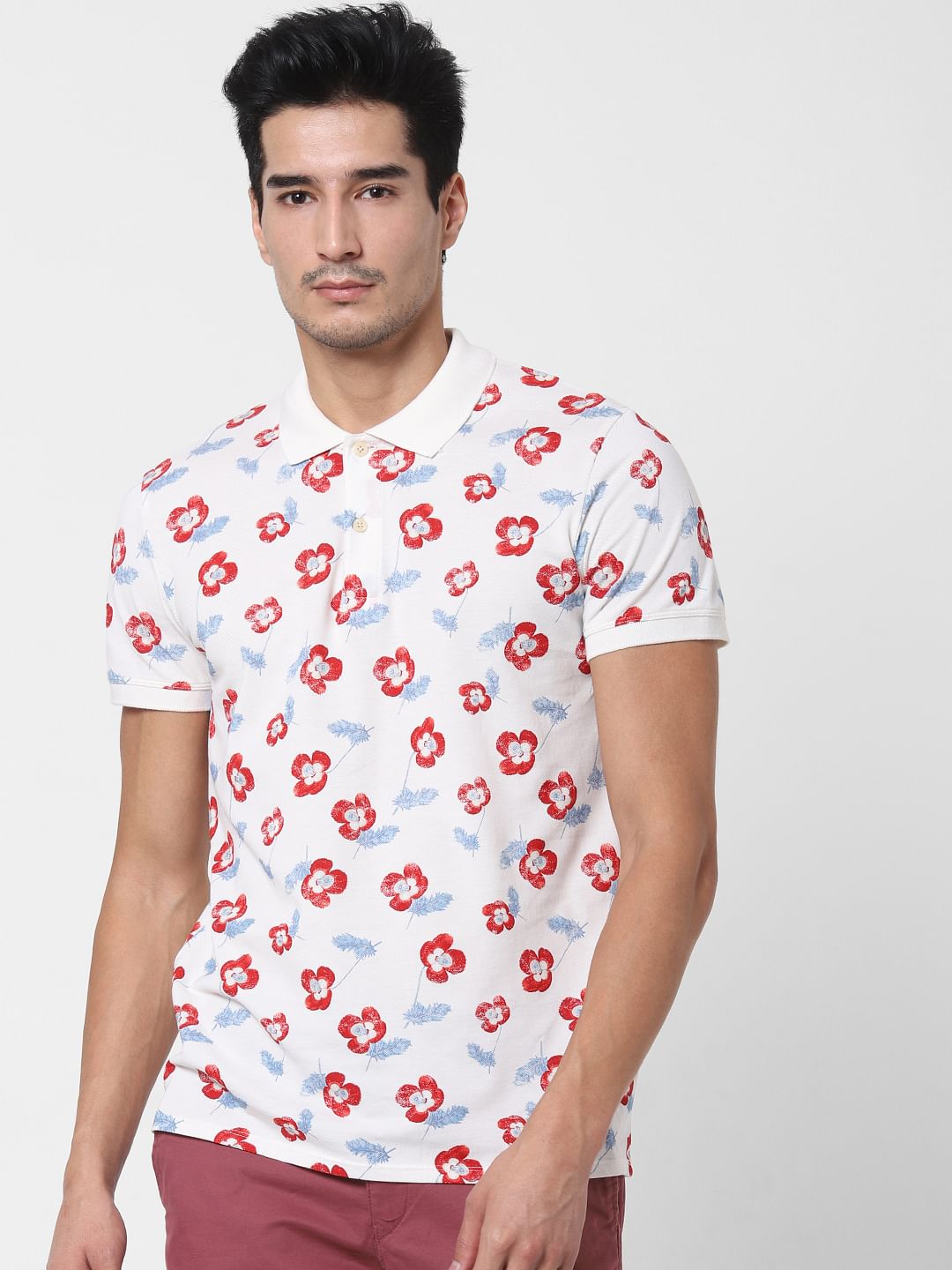 White Floral Print Polo Neck T-Shirt