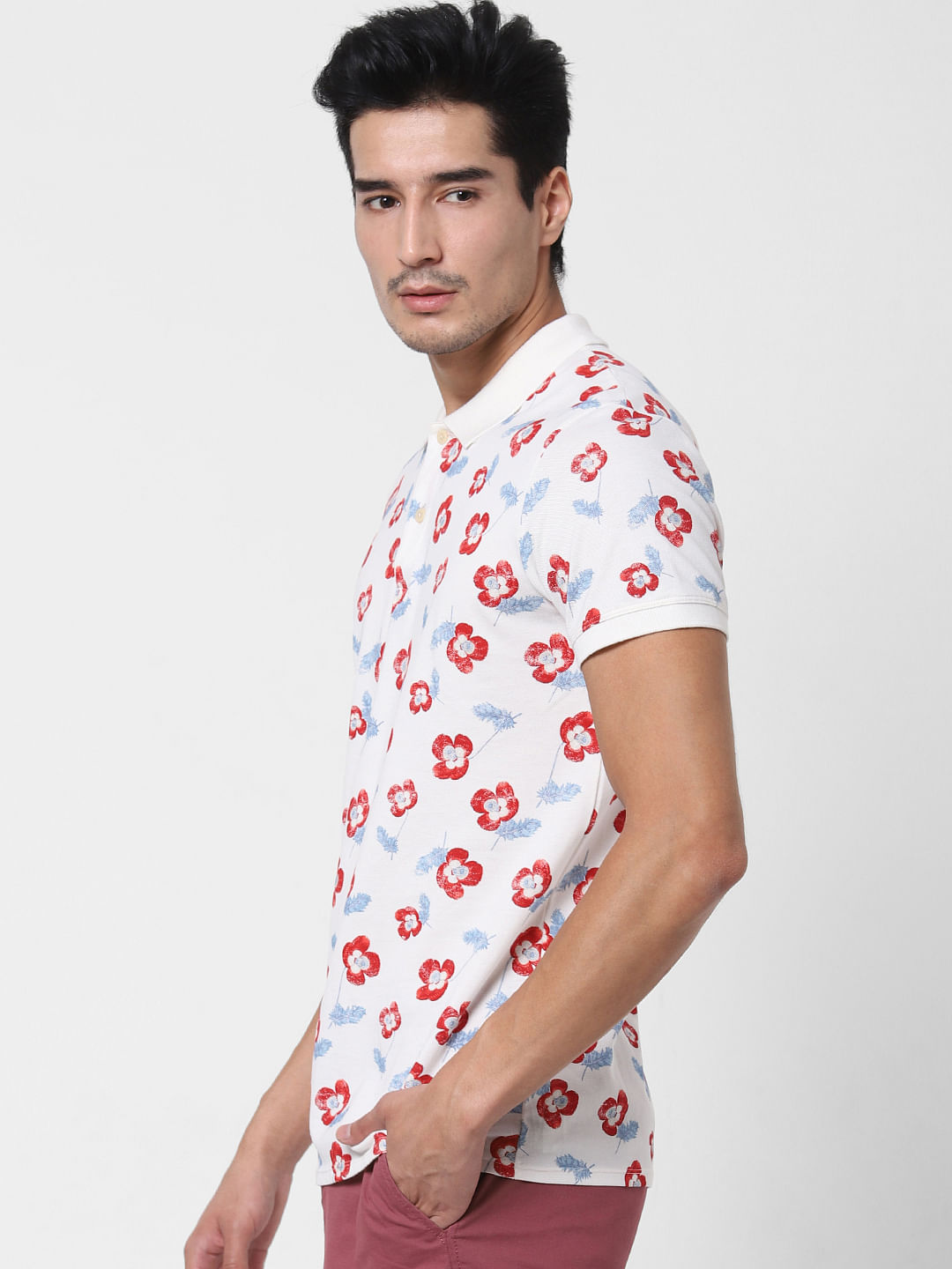 White Floral Print Polo Neck T-Shirt