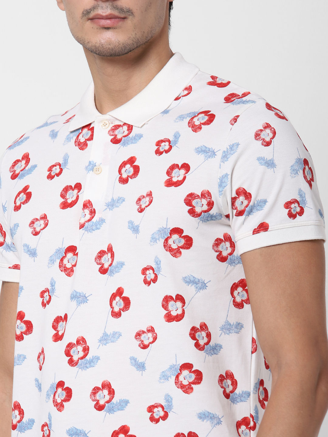 White Floral Print Polo Neck T-Shirt