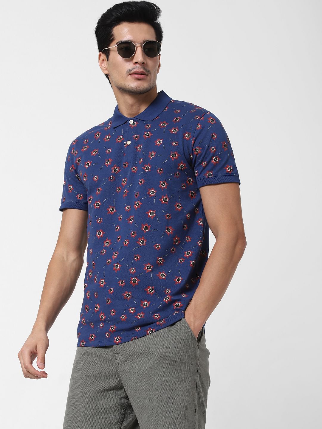 Blue Floral Print Polo Neck T-Shirt