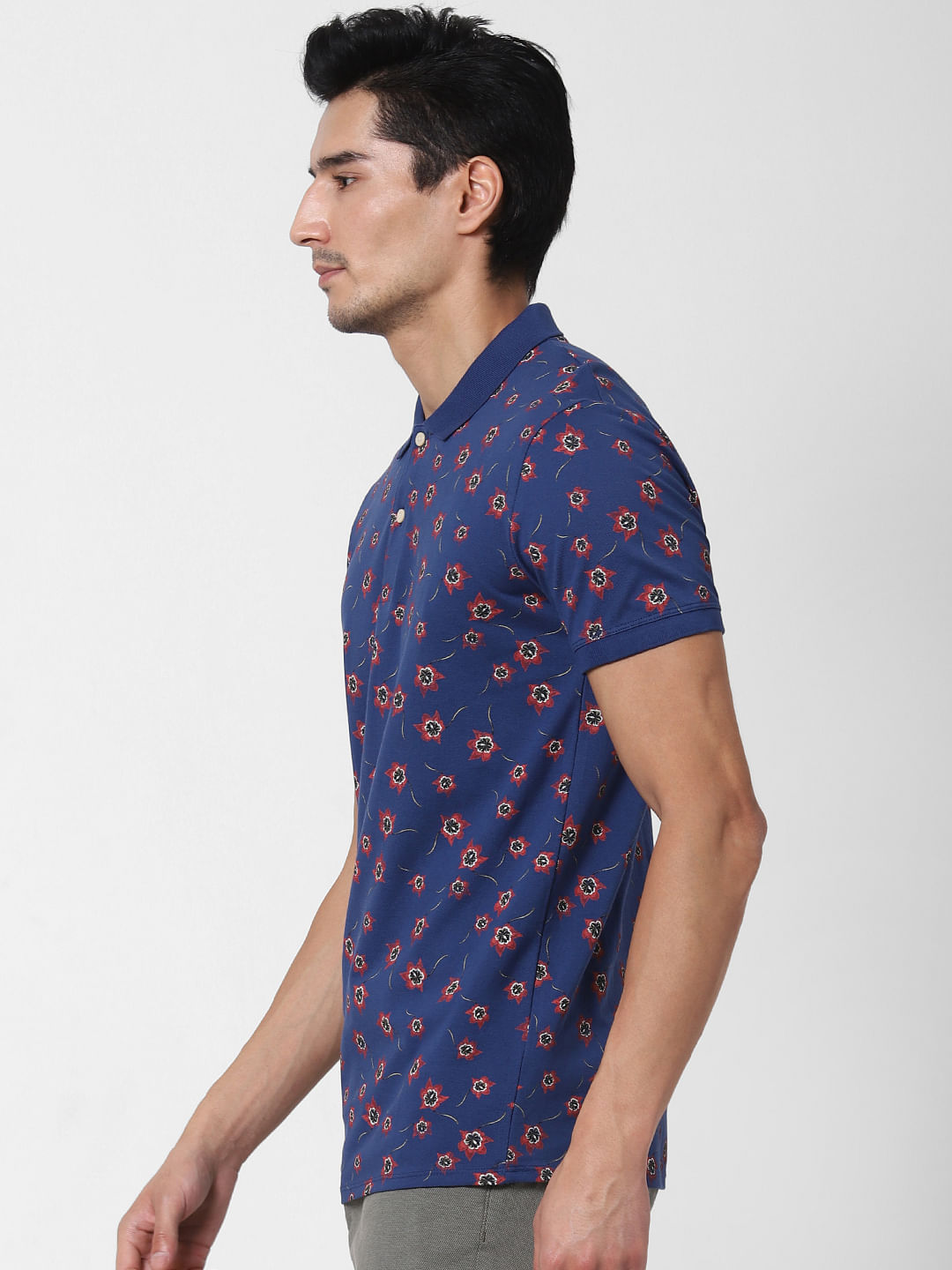 Blue Floral Print Polo Neck T-Shirt