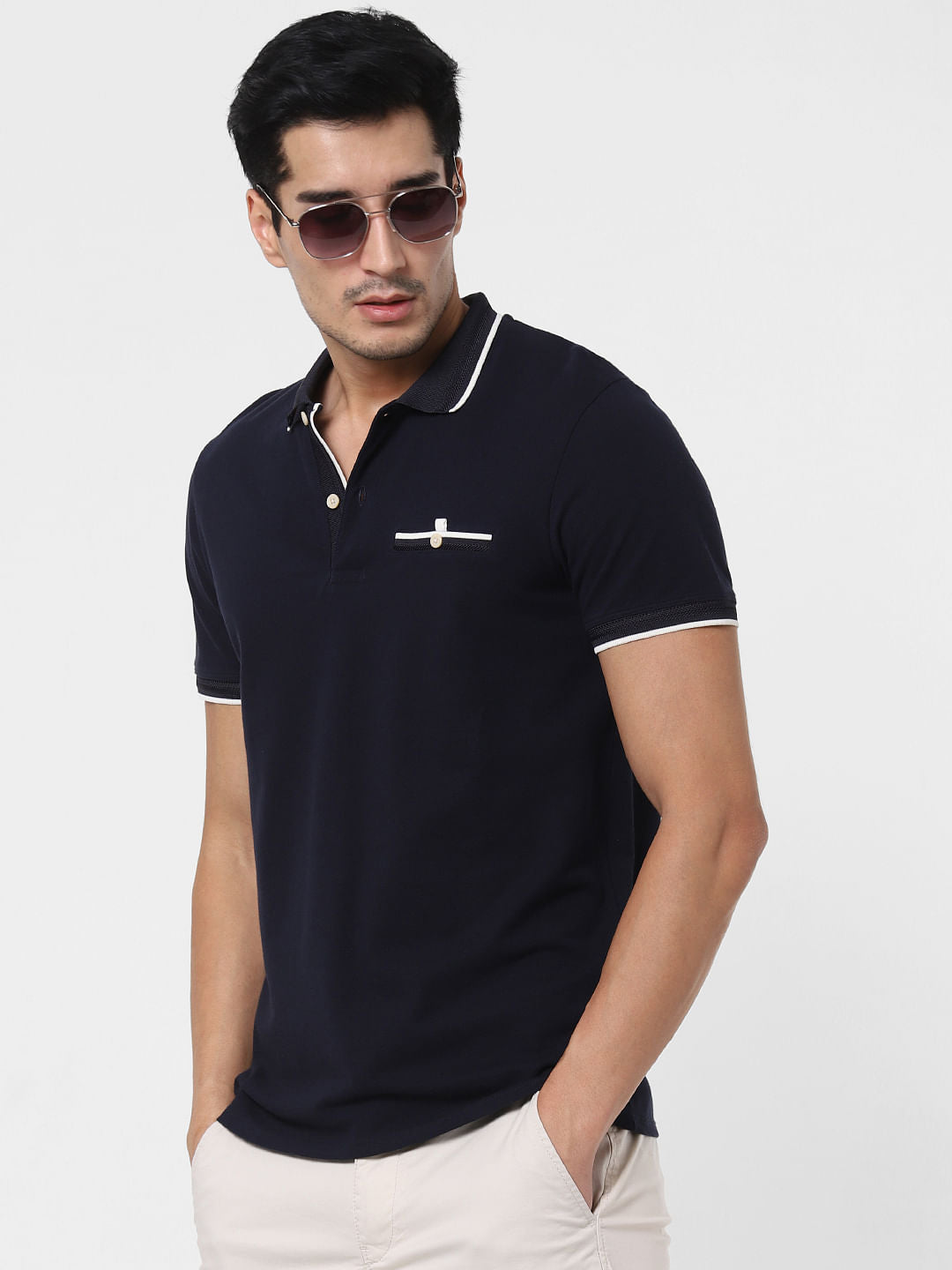 Dark Blue Contrast Tipping Polo T-Shirt