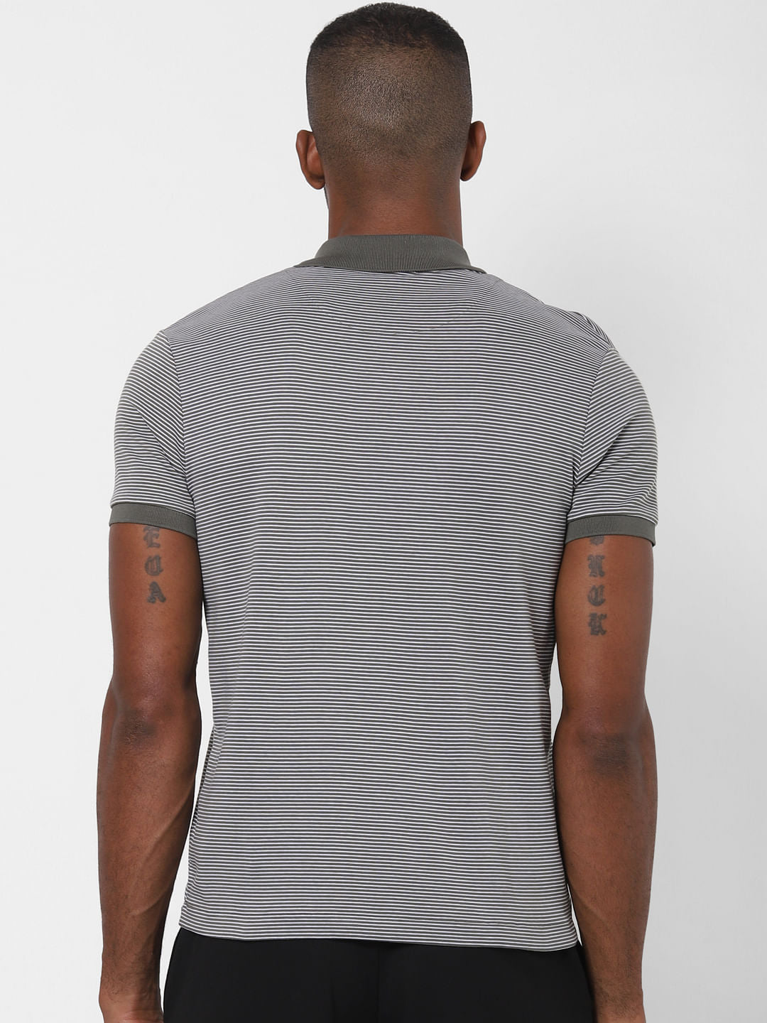 Grey Striped Polo Neck T-Shirt