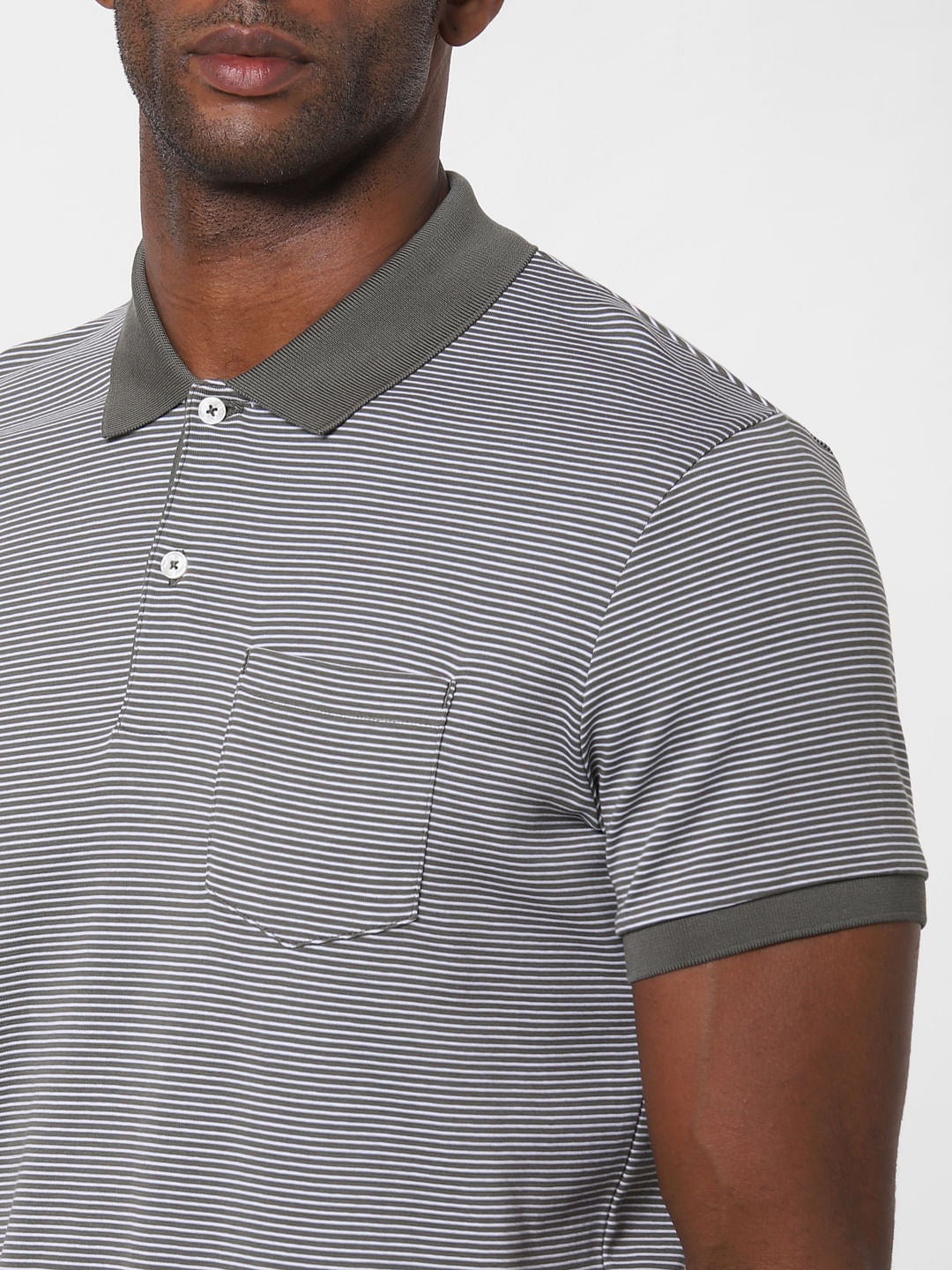 Grey Striped Polo Neck T-Shirt
