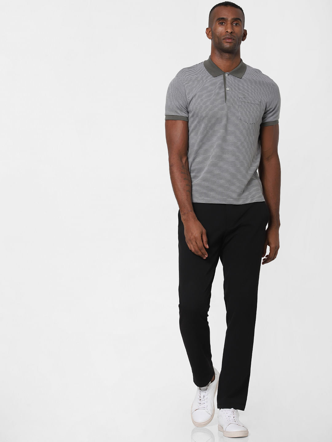 Grey Striped Polo Neck T-Shirt