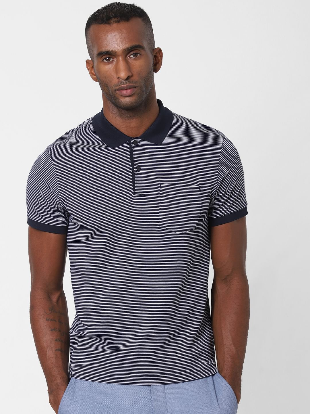 Blue Striped Polo Neck T-Shirt