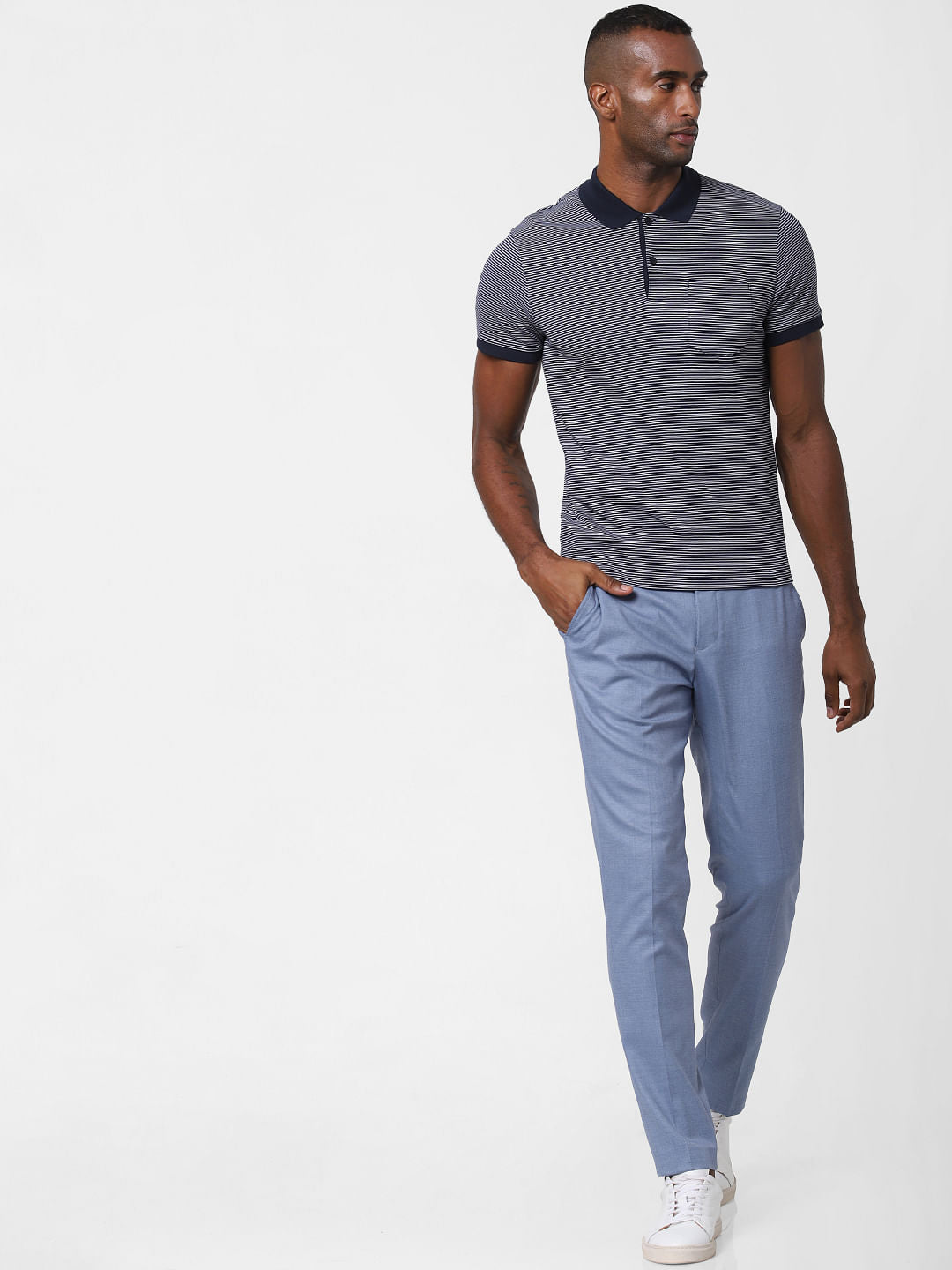 Blue Striped Polo Neck T-Shirt