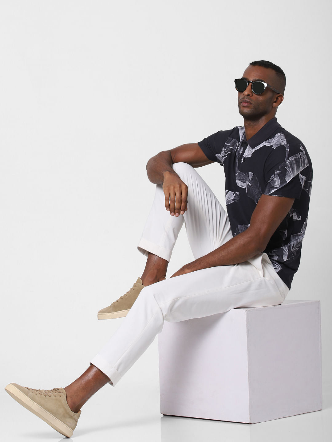Black Printed Polo Neck T-Shirt