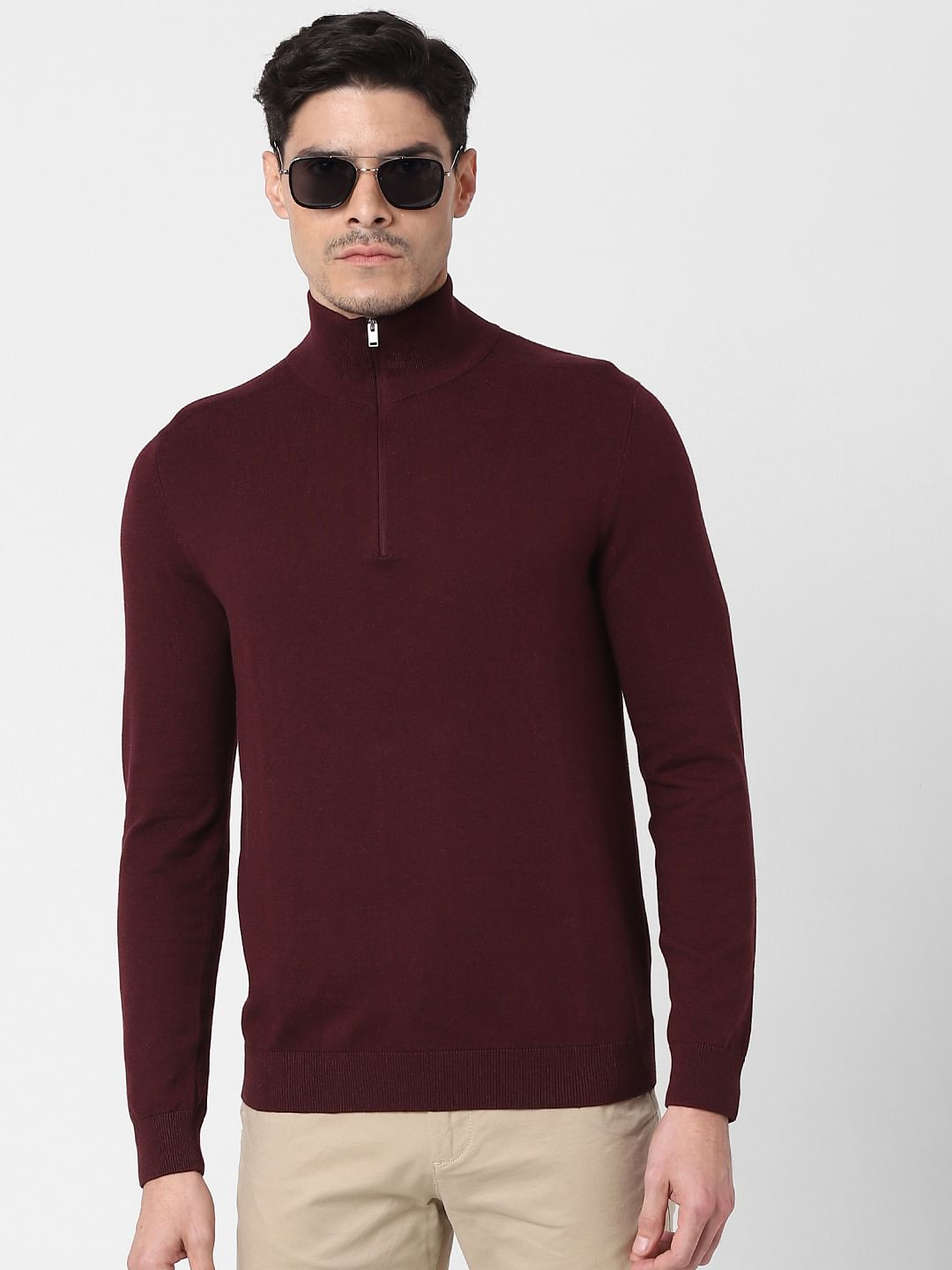 Burgundy Zipped High Neck Pullover