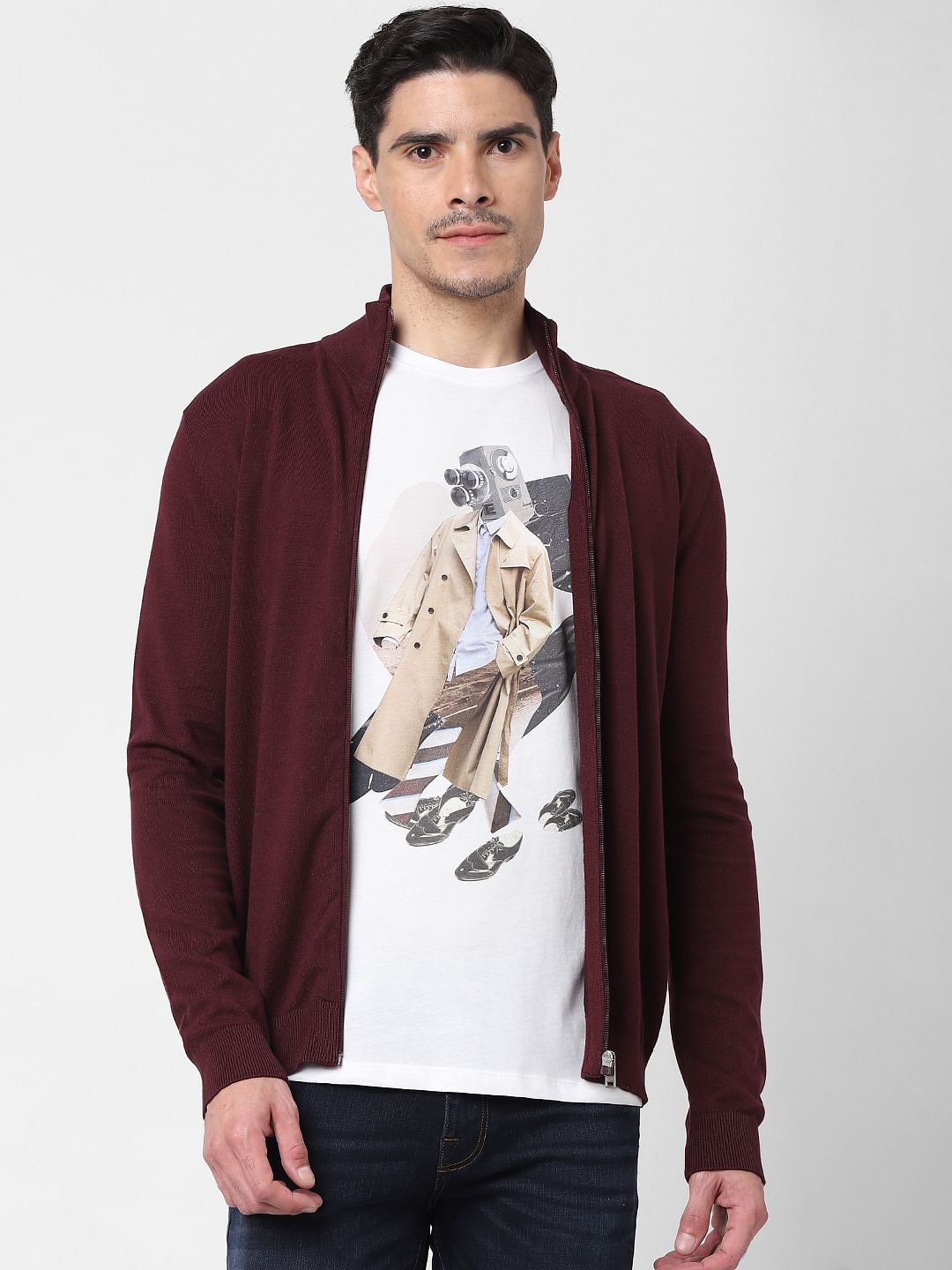 Burgundy Front Zip Open Cardigan