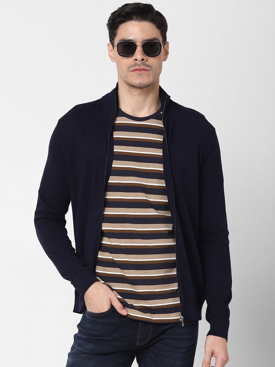 Navy Blue Front Zip Open Cardigan