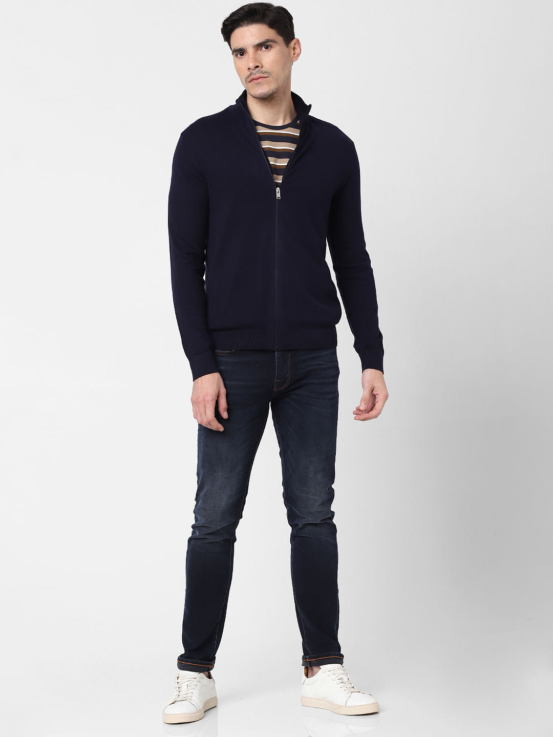 Navy Blue Front Zip Open Cardigan