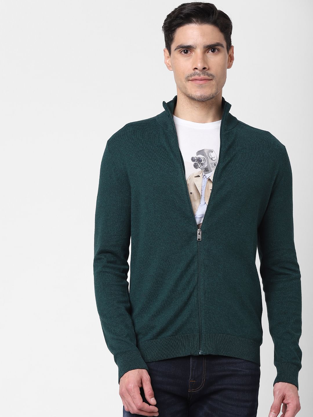 Green Front Zip Open Cardigan