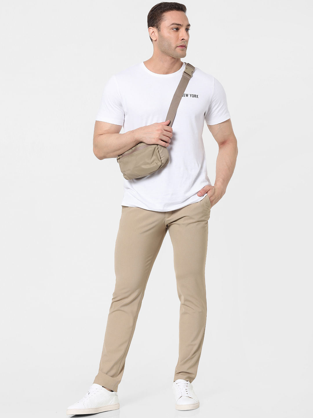 Beige Mid Rise Slim Fit Pants