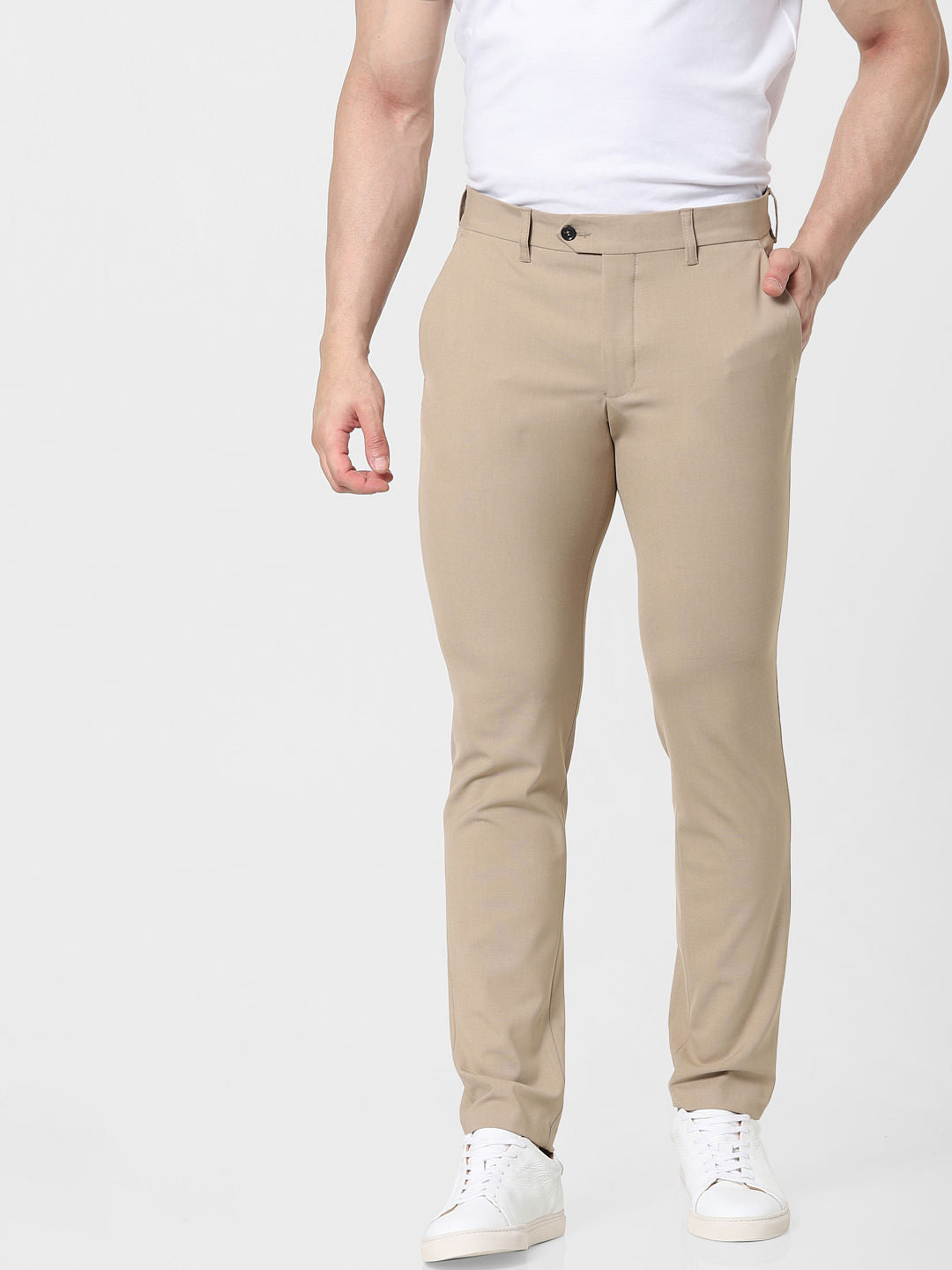 Beige Mid Rise Slim Fit Pants