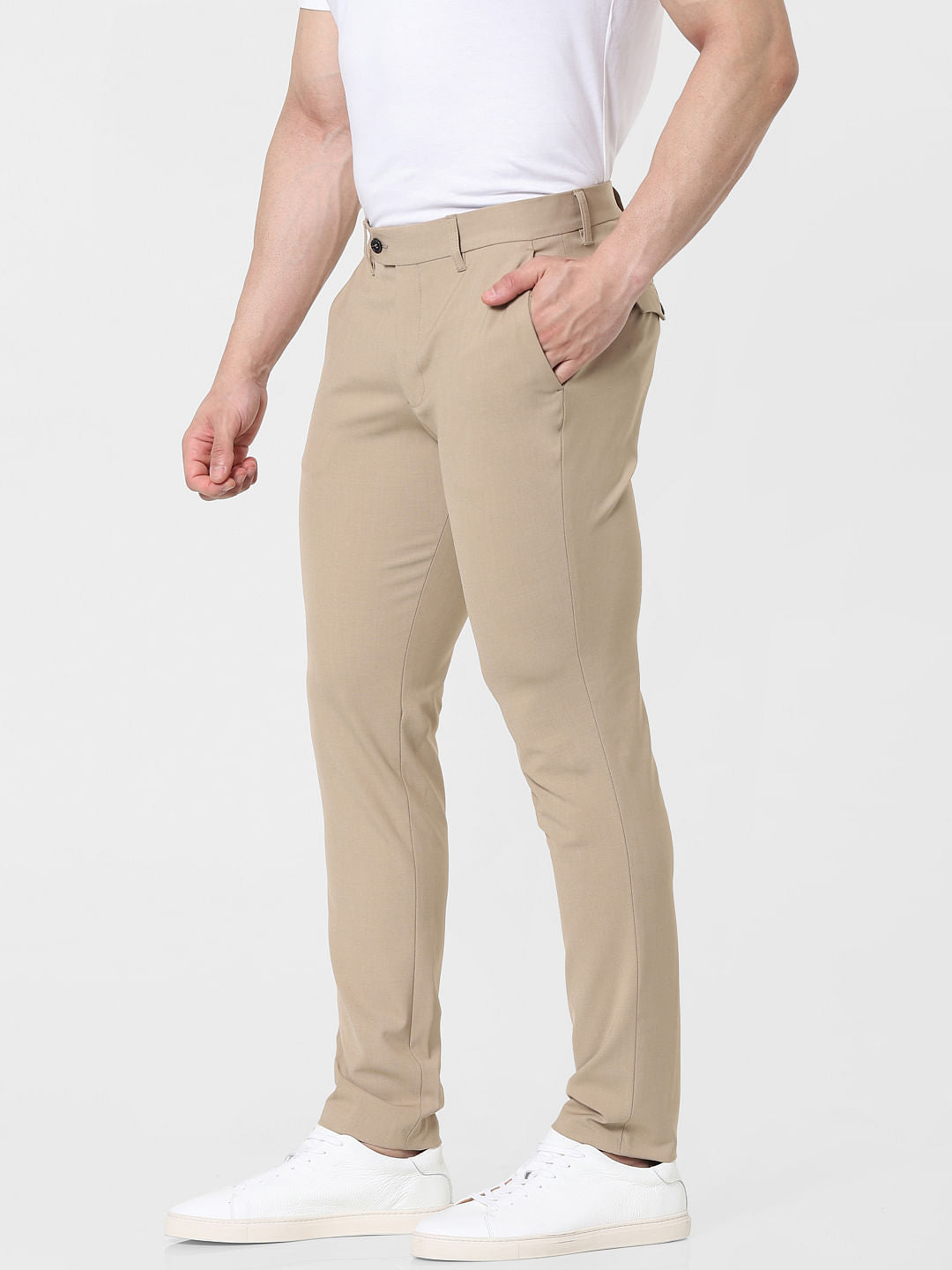 Beige Mid Rise Slim Fit Pants