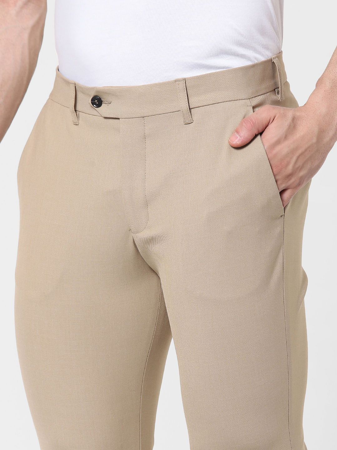 Beige Mid Rise Slim Fit Pants