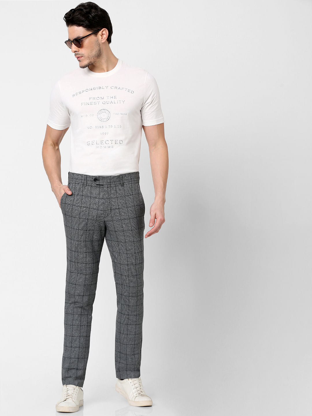 Grey Mid Rise Check Print Pants