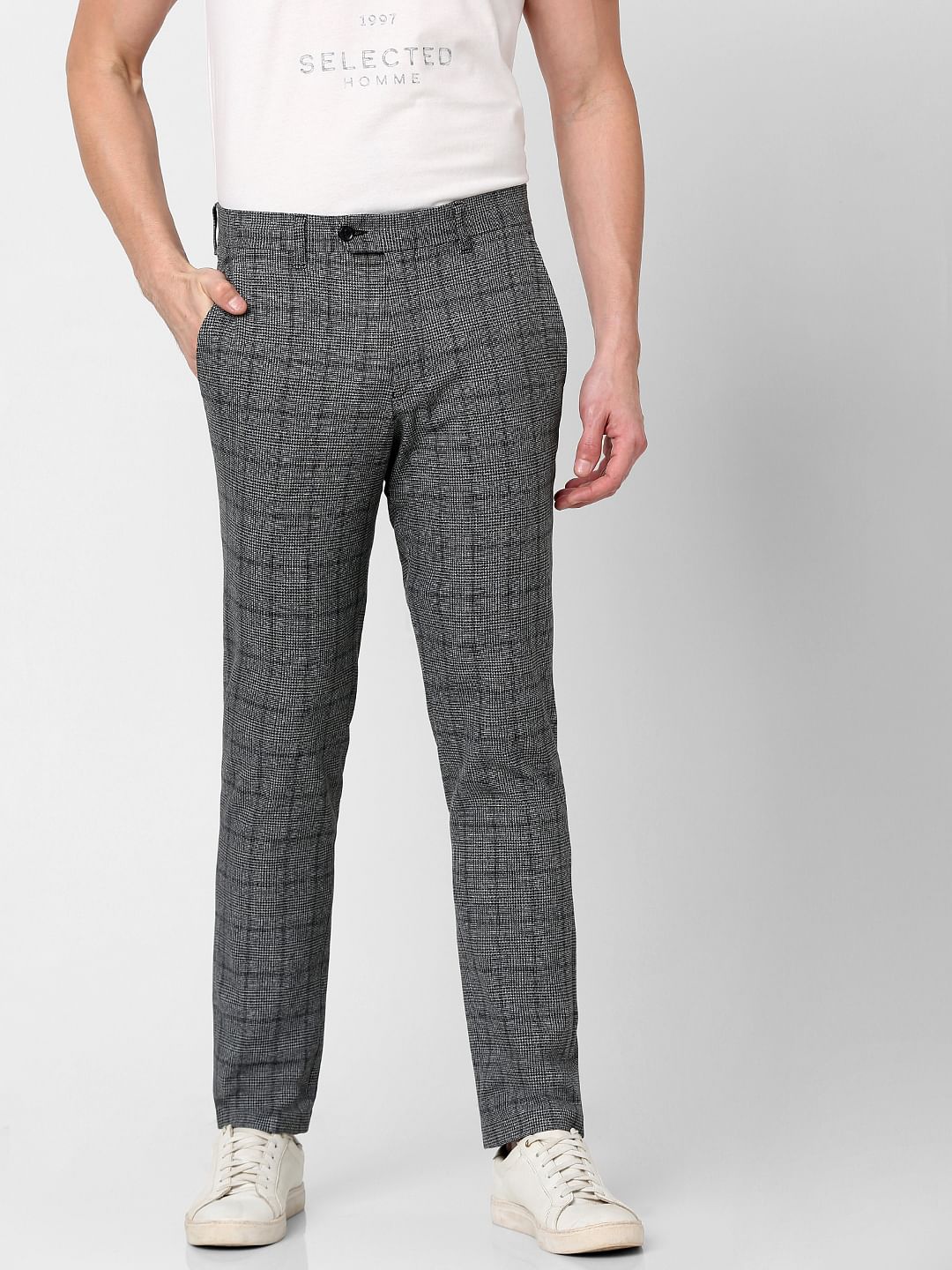 Grey Mid Rise Check Print Pants