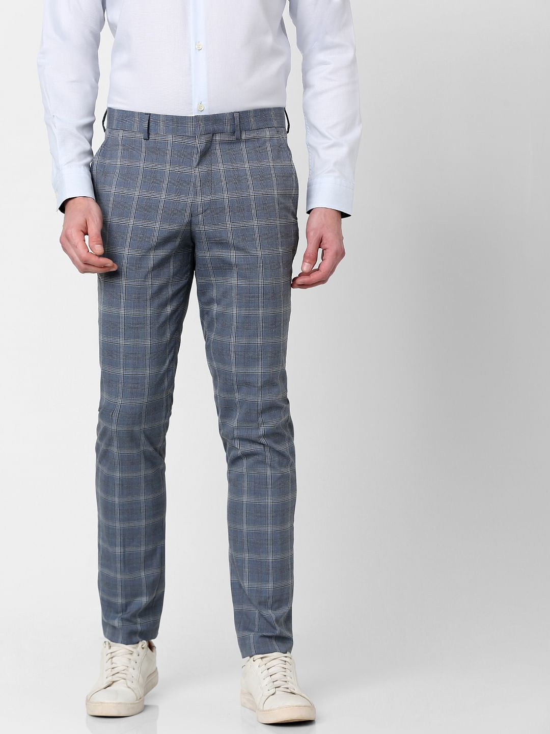 Blue Mid Rise Check Print Trousers