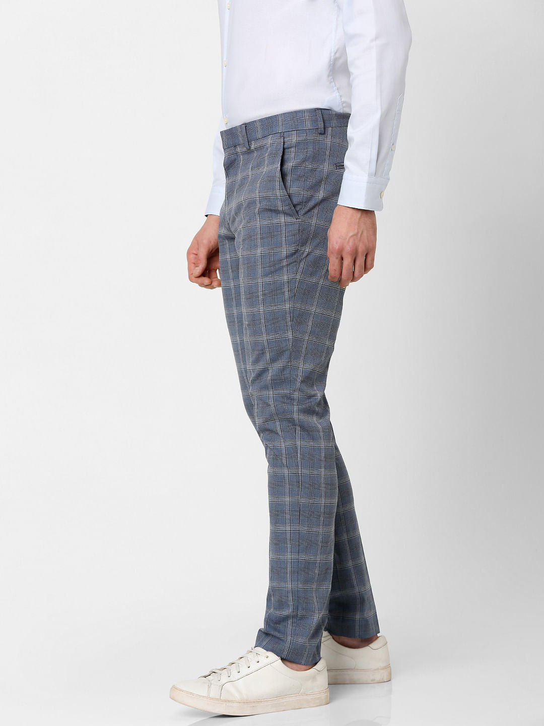 Blue Mid Rise Check Print Trousers