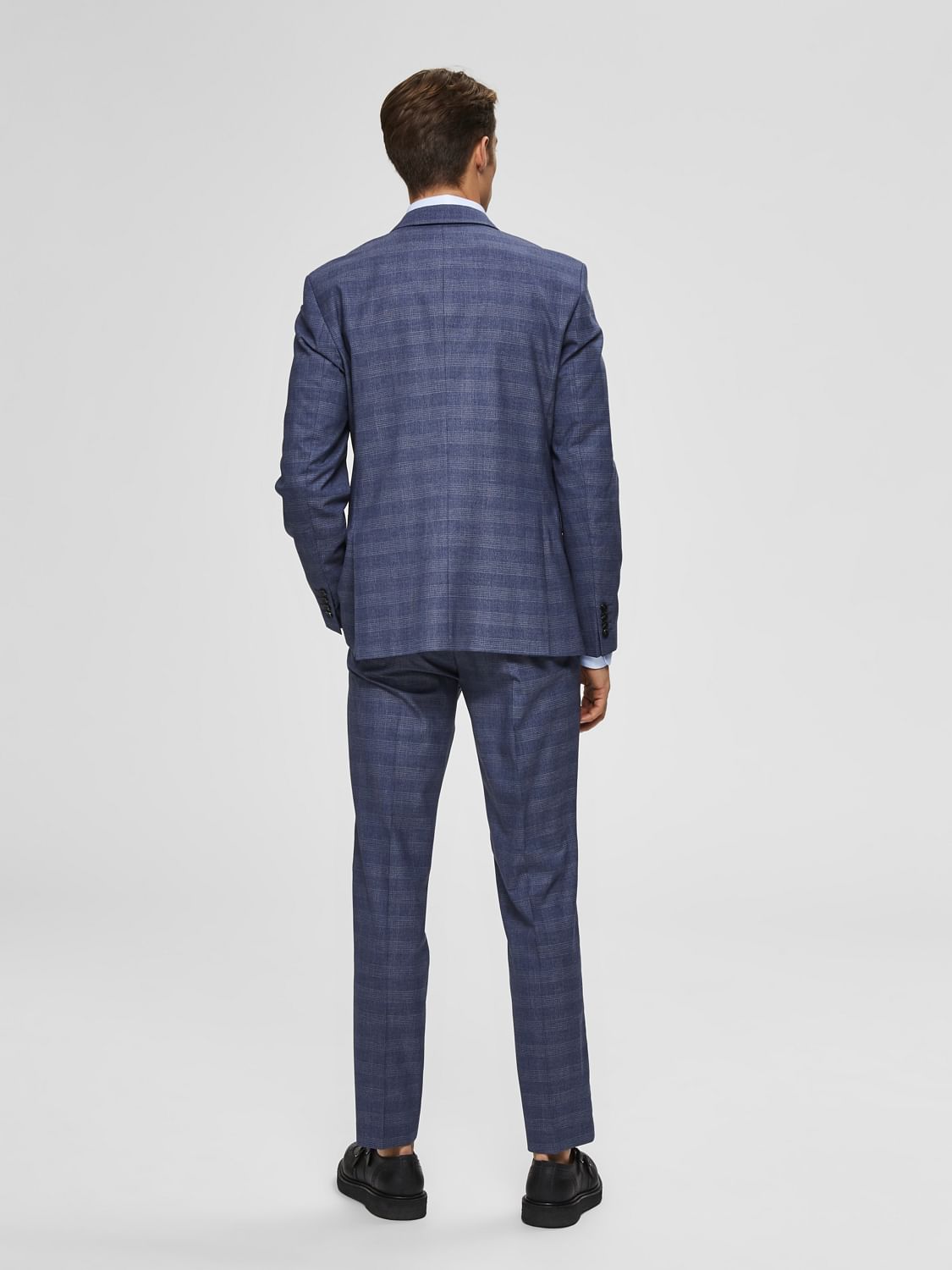 Blue Mid Rise Check Slim Fit Trousers