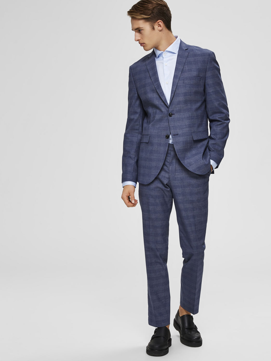 Blue Mid Rise Check Slim Fit Trousers