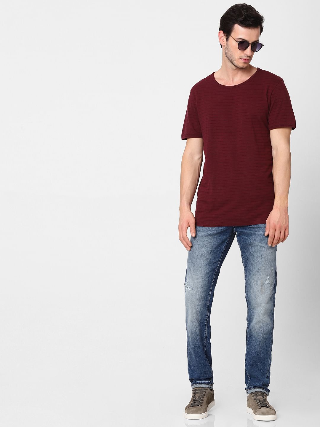 Maroon Striped Crew Neck T-Shirt